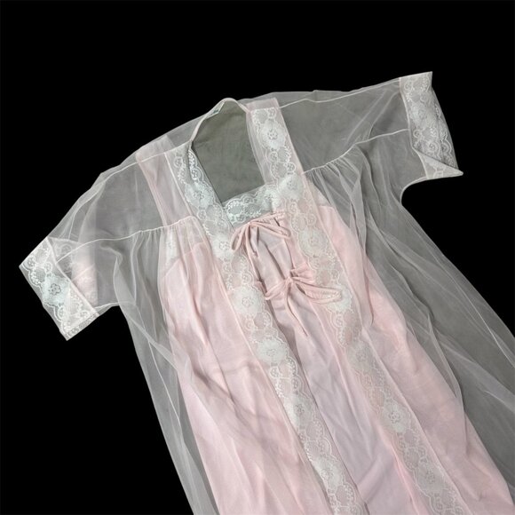 Movie Star Other - Vintage Nightgown Robe Set Sheer Pink Lace Movie Star Lingerie 1960s Gown Med?